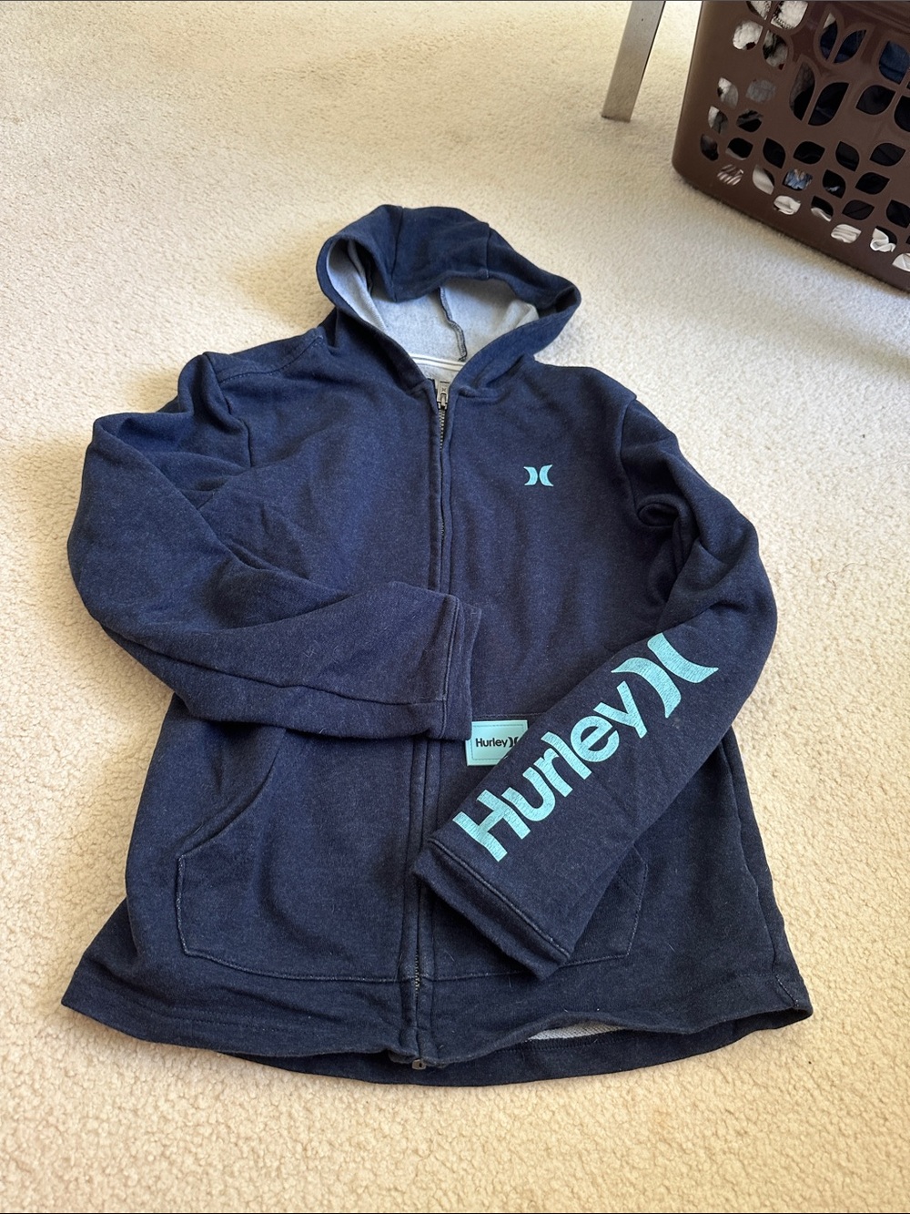 Hurley Kids Navy Zip Hoodie with Teal Logo Print
